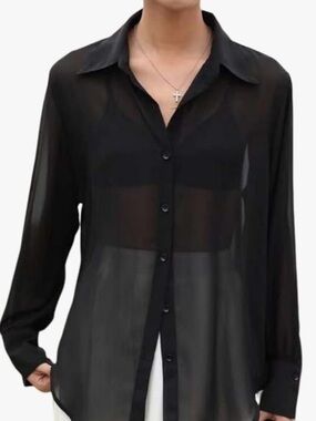 Zara Black Sheer Button-Down Blouse Top Size M